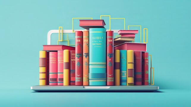 A 3D illustration showcases books atop a computer laptop, epitomizing the fusion of digital libraries with traditional education