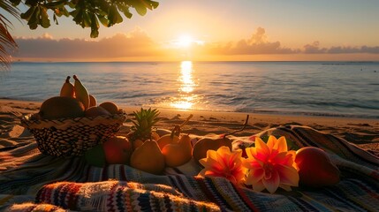 Wall Mural - Tropical Beach Picnic with Fruits during Sunset, Beautiful Sunrise on the Beach with Flowers, To convey a sense of relaxation, leisure, and healthy living in a tropical paradise