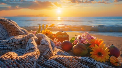 Wall Mural - Tropical Beach Picnic with Fruits during Sunset, Beautiful Sunrise on the Beach with Flowers, To convey a sense of relaxation, leisure, and healthy living in a tropical paradise