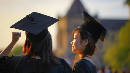 Canvas Print - Graduates wear a black dress, black hat at the university level.