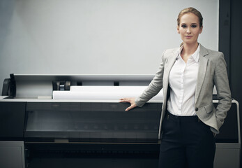 Aufkleber - Business, woman and portrait with printing machine in factory for manufacturing or distribution of paper. Female person, warehouse and printer equipment for creative industry or sector and career