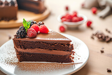 Wall Mural - A slice of chocolate cake with raspberries on top. The cake is cut into a triangle and is served on a white plate. The plate is placed on a wooden table