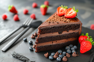 Wall Mural - A slice of chocolate cake with blueberries and raspberries on top. The cake is cut into a triangle and is served on a black plate