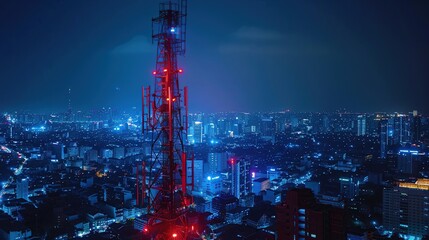 Telecommunication tower with red lamp on night city background. Connection internet network concept.