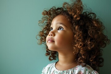 Portrait of a cute little girl with curly hair on a green background