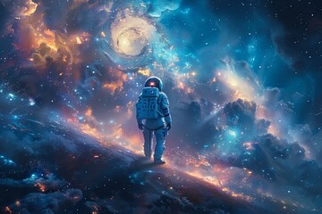 Poster - Astronaut in a space suit is walking on a planet in space. The planet is filled with colorful clouds and stars.