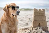 Fototapeta Londyn - golden retriever in sunglasses near a sandcastle