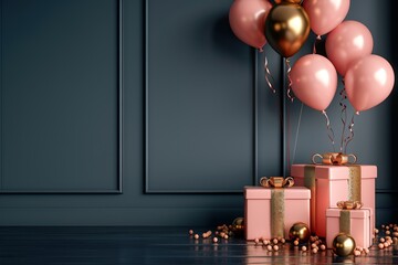 Pink and gold gift boxes and balloons on dark interior background. Realistic glossy 3d rendering.