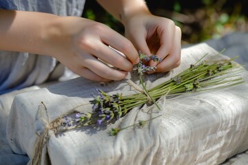 Wall Mural - young adult attaching sprigs of lavender to a linenwrapped present