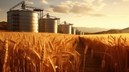 Wheat field with grain silos in scenic rural setting, creating a picturesque agricultural landscape