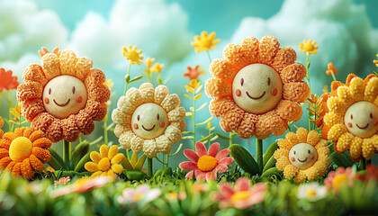 3d animation cartoon happy spring flowers smiling. animated background colorful spring flowers. colo