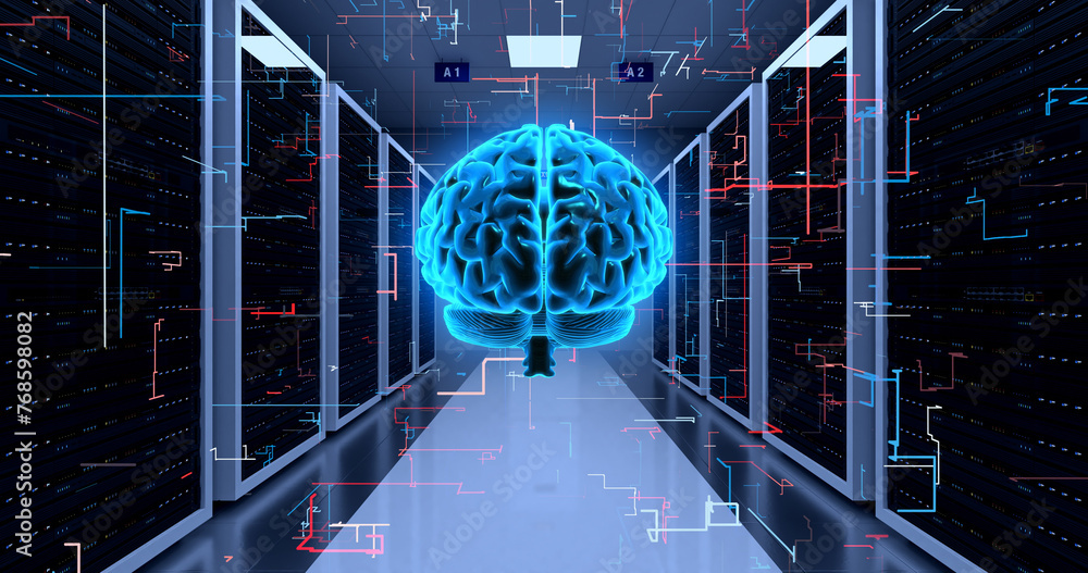 Network Server Racks In a Modern Data Center. AI Brain Analyzing ...
