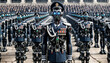Robotic officer leading a regiment of uniformed AI soldiers.