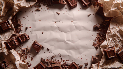 Wall Mural - top view of chocolate candies and white card with copy space