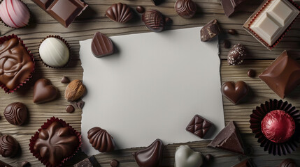 Canvas Print - top view of chocolate candies and white card with copy space