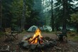 Scenic campfire with roaring flames, nearby chairs, and cozy camping tent in enchanting forest