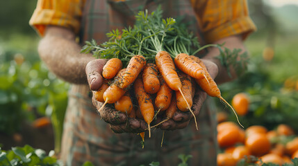 Wall Mural - cinematic shot of Young farmer hands with bunch of freshly harvested carrots