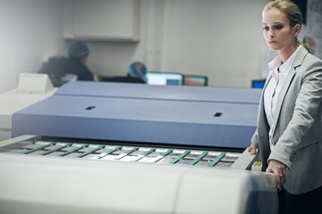 Aufkleber - Business, woman and work with printing machine in factory for manufacturing or distribution of paper. Female person, warehouse and printer equipment for creative industry or sector and career