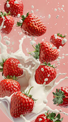 Canvas Print - Food poster, featuring several oversized Dandong strawberries with splashing milk, set against a solid color background