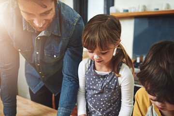 Sticker - Family, father and kids baking in kitchen, bonding and preparation for lunch in home. Dad, children and cooking together, teaching or learn to help with flour dough on nose of girl with happy parent