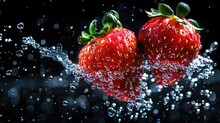 Fresh Strawberries With Droplets, Diving Into Deep Black Water, Bright Splash,