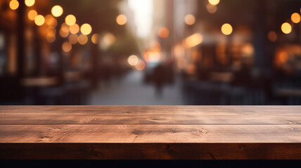 Wall Mural - empty wooden table on blurred restaurant background