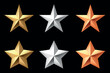 Golden, bronze, silver glossy metallic stars 3d realistic style. Leadership, game award, customer feedback symbol vector illustration isolated on black background