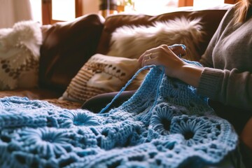 Canvas Print - individual crocheting a blue blanket on a cozy couch