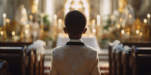 Wall Mural - Young boy with Afro hair in a white suit standing in front of a church altar featuring candles and a crucifix. Back shot attending a religious service or ceremony. First communion concept.