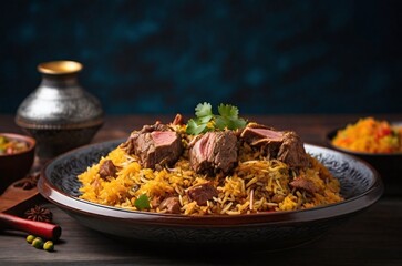 Biryani rice with lamb meat served on a plate for dinner and copy space area