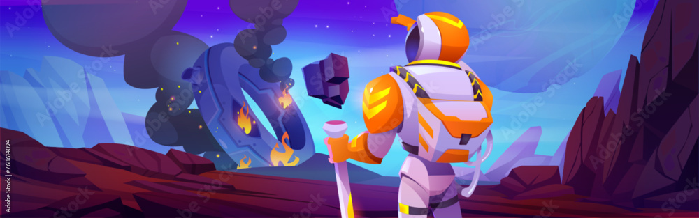 Astronaut and alien ufo spaceship crash landscape. Cosmonaut discovery saucer space ship in fantasy extraterrestrial desert after attack. Futuristic earth planet with boulder and starry sky view.