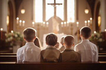 Wall Mural - Group of youngsters in formal dress standing near the church altar adorned with candles and a crucifix. Back shot attending a religious service or ceremony. First communion concept.