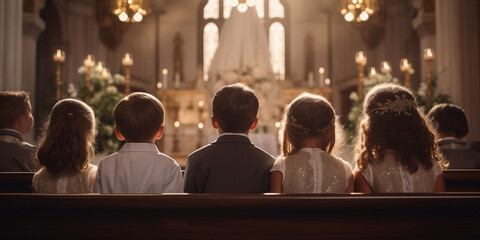 Wall Mural - Group of young boys and girls in formal attire gathered near the church altar with candles and a crucifix. Back shot attending a religious service or ceremony. First communion concept.