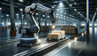 A modern robotic arm performing the painstaking work of stacking boxes on pallets. A smart warehouse, where the accuracy and efficiency of automation in logistics. This industrial enterprise is a robo