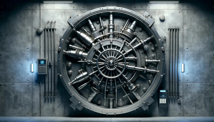  A round vault door in a bank, showing its complex design. The door is made of heavy metal with complex locking mechanisms visible.