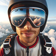 A skydiver looking straight into the camera with a slight smile and eyes full of excitement through his glasses. The texture of the jumpsuit and the endless open sky.