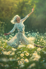 Wall Mural - Happy elderly woman in a colorful field of flowers, stretching her arms outwards