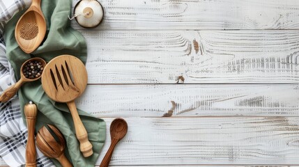 Top-down view of a white wooden table with a green tablecloth and cooking utensils, leaving an empty space for text and product montage.