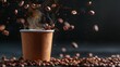 An espresso in a paper cup, with falling coffee beans and steam, on a black background.