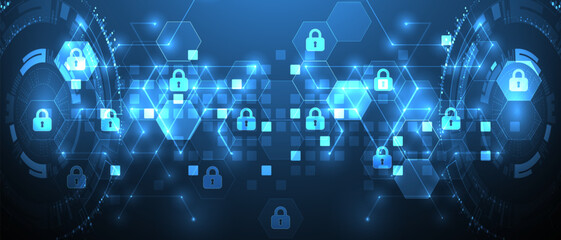 Fototapete - Technological background with isometric ornament. Digital security, information protection. Lock icons in the middle of the hexagon.