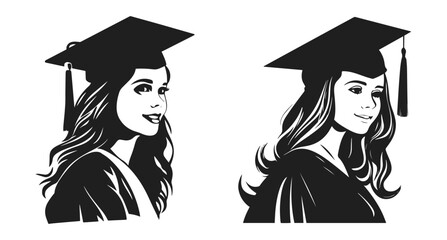 Graduating student vector illustration. Portrait of young girl on graduation ceremony hand drawn black on white background. Education silhouette.