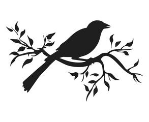 Wall Mural - Bird on branch vector illustration. Small sparrow sitting on tree hand drawn black on white background. Spring nature decorative silhouette.