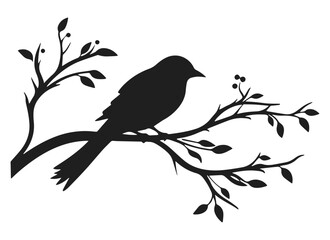 bird on branch vector illustration. small sparrow sitting on tree hand drawn black on white backgrou
