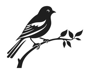 bird on branch vector illustration. small sparrow sitting on tree hand drawn black on white backgrou