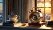A conceptual image depicting a golden Bitcoin symbol in place of the bell on an alarm clock, against the backdrop of a sunrise viewed from a window. AI generation