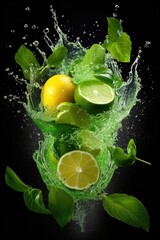 Wall Mural - Lime juice splashing with fruits on black background still life.