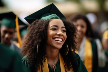 A smiling African American graduate, commemorating her academic achievement with laughter and sincere happiness, symbolizing the warmth and unity of the occasion.