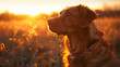 A proud dog, with the setting sun casting a warm glow as the background, during a peaceful evening walk