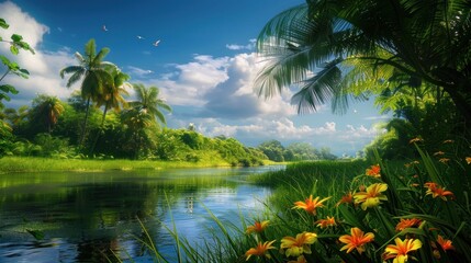 Poster - Flowing River water arranged with stones and tropical fern forest pattern in the garden