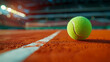 A green tennis ball on a clay court in the stadium.